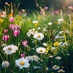 Fototapeta premium Bright wildflower field at golden hour with sunlight illuminating petals and blooms