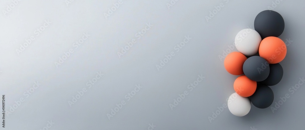 Poster 3d rendering of a group of spheres arranged in a horizontal line on a light grey background. the sph