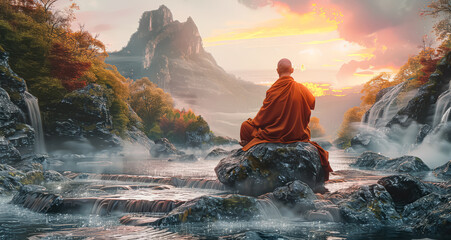 Man in a red robe sits on a rock by a river. The scene is serene and peaceful, with the man meditating and the water flowing gently. The mountains in the background add to the sense of tranquility