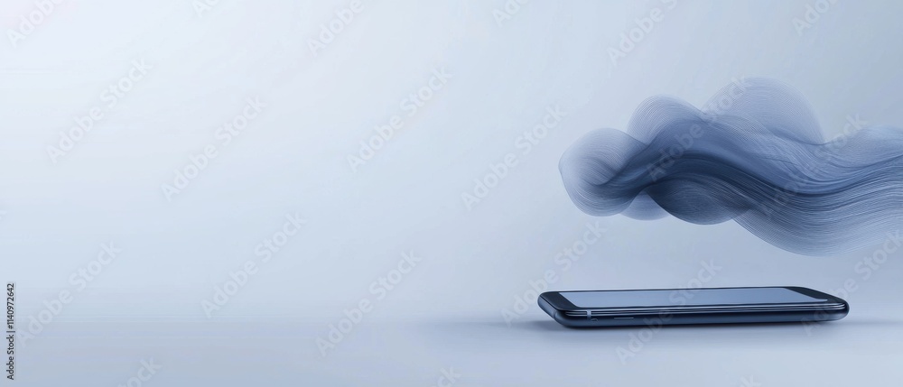 Poster black smartphone lying on its side on a light blue background. the phone is in the center of the ima
