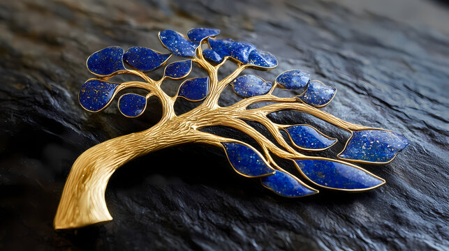 Arboreal tempest brooch: gold and lapis lazuli wind-swept tree. Arboreal. Illustration