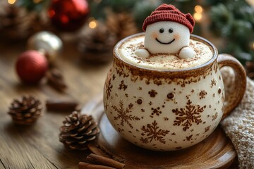 Cute little snowman made from marshmallows bathing in a mug with hot chocolate