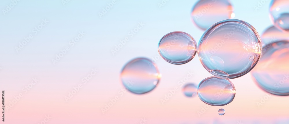 Poster close-up of a group of soap bubbles floating in the air. the bubbles are of different sizes and shap