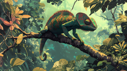 Delicate movements seen up close showcase the chameleon's remarkable agility and flexibility. Arboreal. Illustration