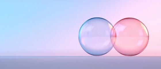 Two spherical objects, one in blue and one in pink, on a light blue background. the blue sphere is on the left side of the image and the pink sphere is in the center.
