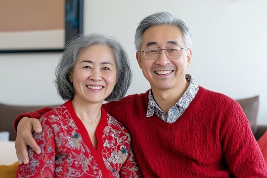 Smiling middle-aged couple with gray hair and glasses sitting close together, wearing red sweaters, enjoying a cozy moment at home - Powered by Adobe