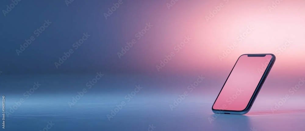 Poster digital illustration of a smartphone with a pink and blue gradient background. the phone is position