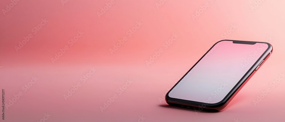 Poster 3d rendering of a smartphone with a black frame and a white screen. the phone is placed on a pink ba