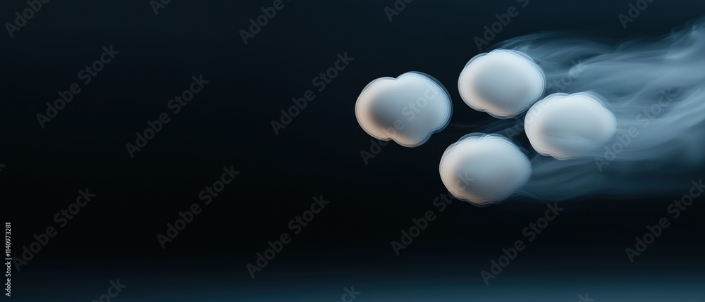 Poster group of five white spheres floating in the air against a dark blue background. the spheres appear t
