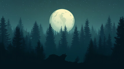 Naklejka premium Dense forest landscape with a wolf's silhouette against a full moon background, night sky, arboreal trees, forest. Arboreal. Illustration