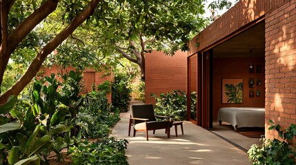   A patio featuring a table, chairs, and dining table amidst trees