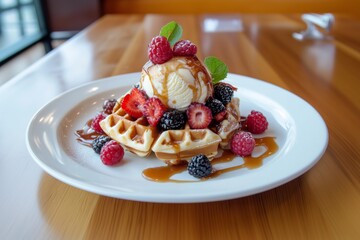 Freshly made waffle topped with vanilla ice cream, berries, caramel sauce, and mint leaves served on a white plate
