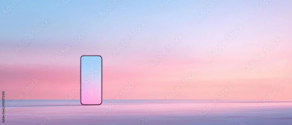 Poster digital illustration of a smartphone in the middle of a vast ocean. the phone is in the center of th