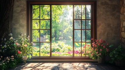 Window overlooking a spring blooming garden