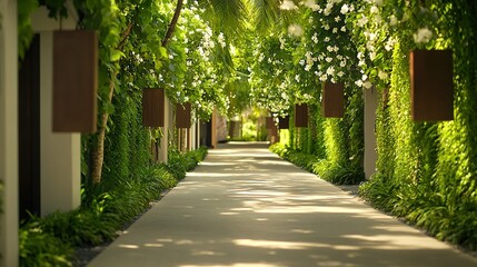   A walkway flanked by trees and bushes adjacent to a building equipped with clocks on every side