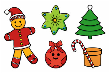 Colorful Christmas set with cheerful decorations and characters