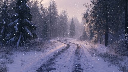 Obraz premium Winter snowy road along the forest 