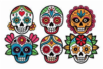 Colorful Day of the Dead Skulls with Floral Designs and Patterns