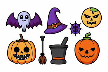Halloween themed icons featuring ghosts, pumpkins, and witch hats