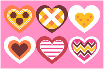 Colorful hearts in various patterns on a pink background