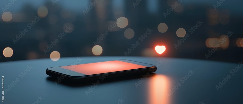 Poster smartphone on a table with a cityscape in the background. the phone is black and has a red screen. t