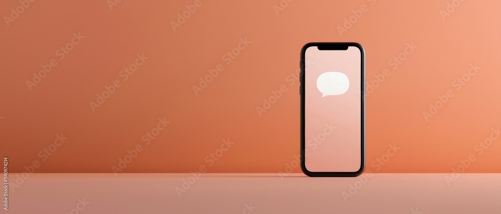 Poster black smartphone with a white speech bubble on the screen. the phone is placed on a plain orange bac