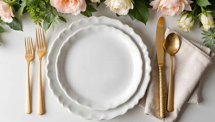 Place setting with white plates and gold cutlery, linen napkin and floral decoration, top view