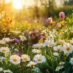 Obraz premium Bright wildflower field at golden hour with sunlight illuminating petals and blooms