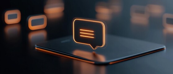 Black smartphone with a glowing orange speech bubble on top of it. the speech bubble is in the shape of a square with a diagonal line running through it, representing a message or a message.