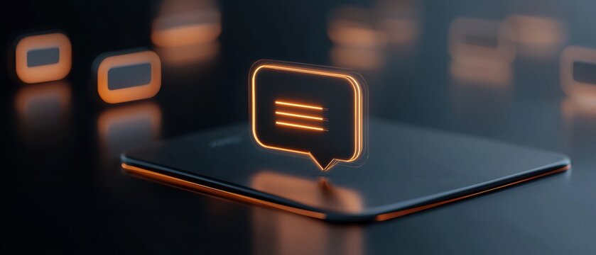 Black smartphone with a glowing orange speech bubble on top of it. the speech bubble is in the shape of a square with a diagonal line running through it, representing a message or a message.