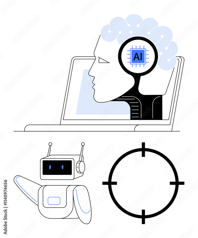 Poster brain with ai chip inside connected to a laptop, waving robot, and target reticle below. ideal for a