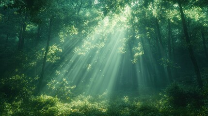 Sunbeams illuminate misty, green forest.