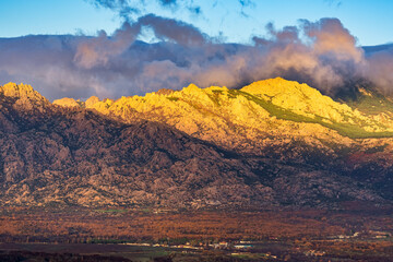 Mountains at dawn in the Guadarrama National Park, Picos de la Pedriza, in Madrid.