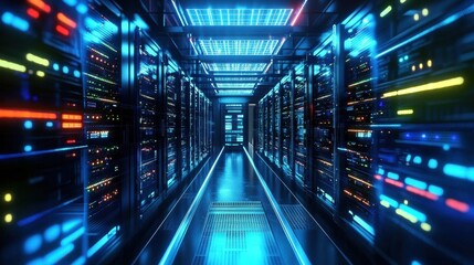 Obraz premium Innovative depiction of cloud hosting technology within a server room.