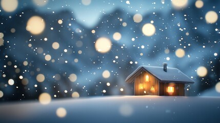 Fototapeta premium A tiny abode nestled amidst a sea of freshly fallen snow in a vast, snow-covered meadow, surrounded by a flurry of delicate snowflakes