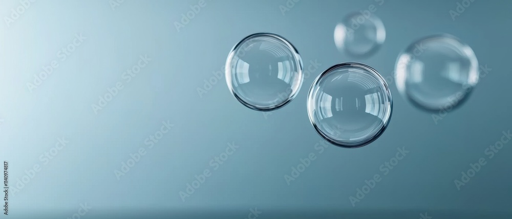 Poster three soap bubbles floating in the air against a light blue background. the bubbles are of different