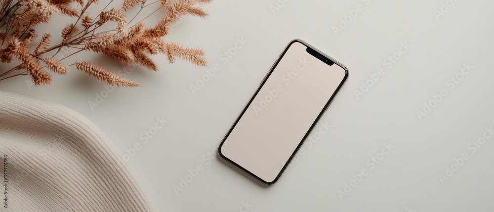 Aufkleber flat lay of a smartphone with a blank screen on a white background. the phone is positioned in the c