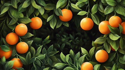 A vibrant depiction of oranges dangling from an arboreal frame, adorned with verdant foliage. Arboreal. Illustration