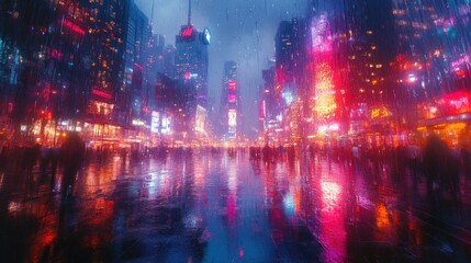 Fototapeta premium Rainy night, neon city, vibrant reflections.