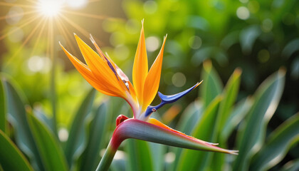  Bird of paradise flower with sunlight and green leaves.