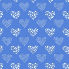Seamless pattern for Valentines Day with hearts consisting of white heart outlines and white filled hearts on the blue background. Perfect for textile, fabric, wrapping paper, backdrop, bedding	
