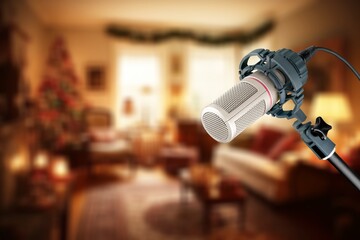Professional microphone in interior with Christmas ornaments decor