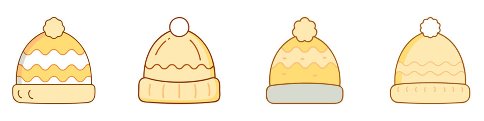 Fototapeta premium Winter hats. Stylish and cozy winter hats with playful pompoms. Vector illustration