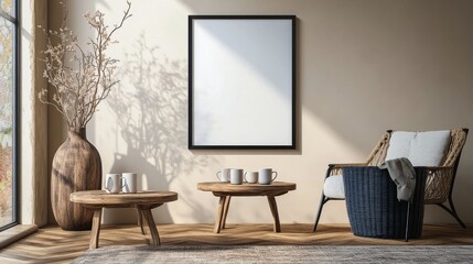 Cozy interior with minimalist decor featuring a wooden table, plants, and neutral tones