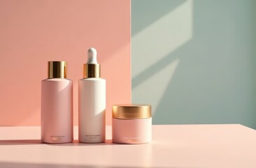 cosmetic bottles and jars on a pastel background, beauty industry, beauty flat lay