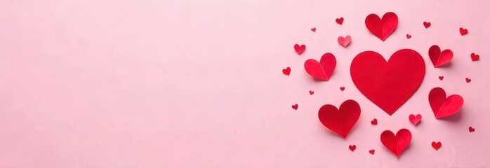 Red heart background, romantic paper cut concept, top view. Beautiful cute hearts on pastel pink table flat lay composition on white background Valentine's Day Card