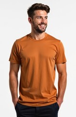 Fototapeta premium man stands on the left in a color mocha T-shirt, on a white background