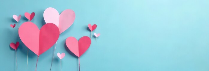 Paper hearts over the blue pastel background. Abstract background with paper cut shapes. Valentine's Day Card