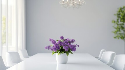 Bright and airy dining room with lilac flowers in a white vase