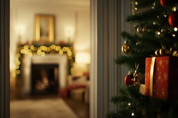 a christmas tree is in front of a fireplace
